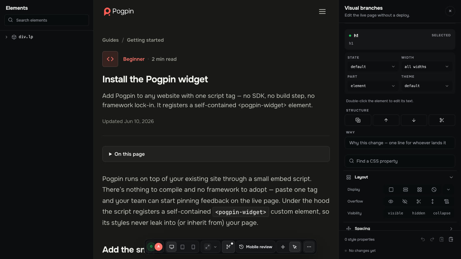 Pogpin visual branch editor with the element tree, page preview and style properties